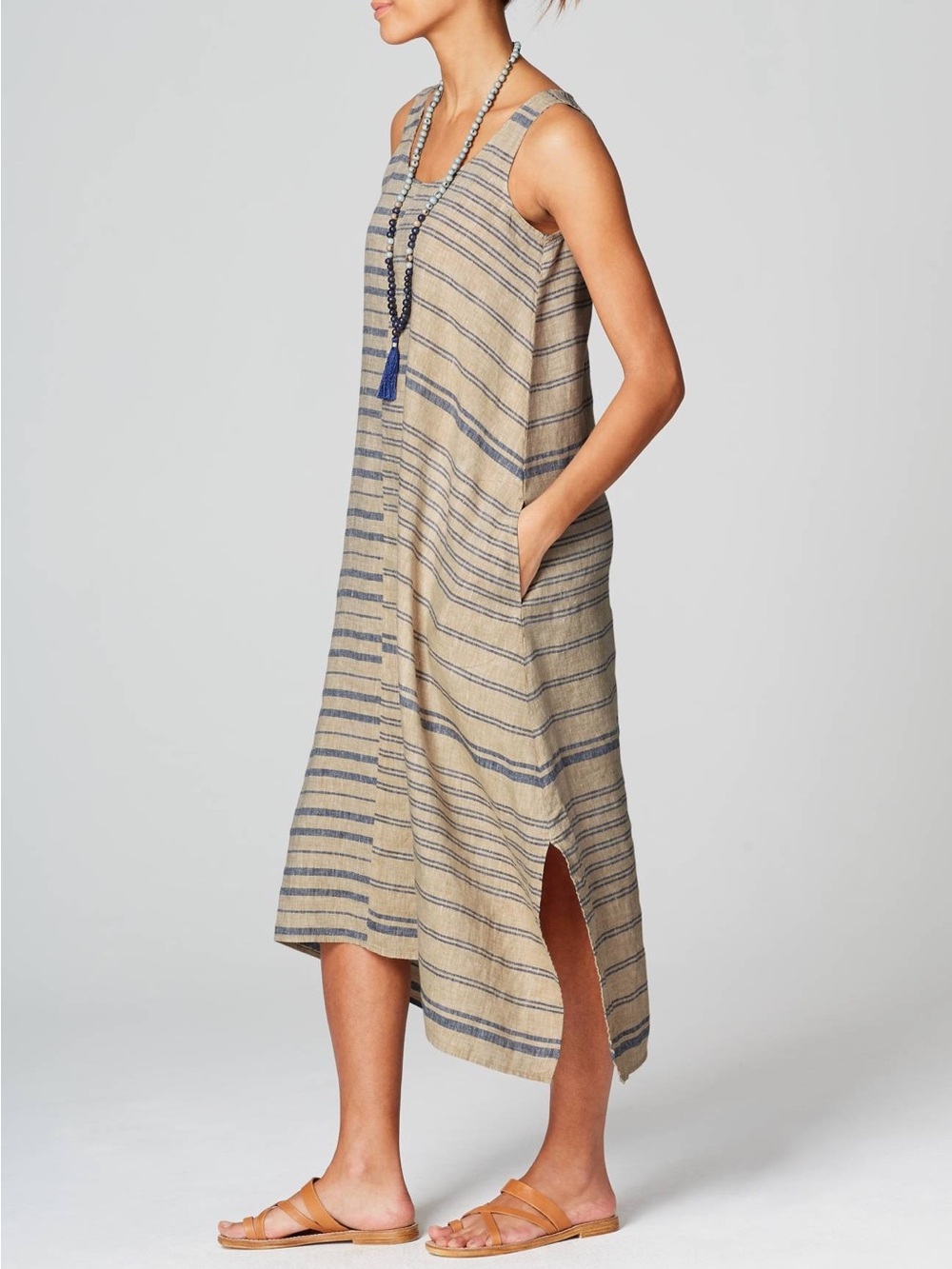 Pure Jill 100% Linen Striped Shift Tank Dress Sz M Lagenlook Oversized Pockets